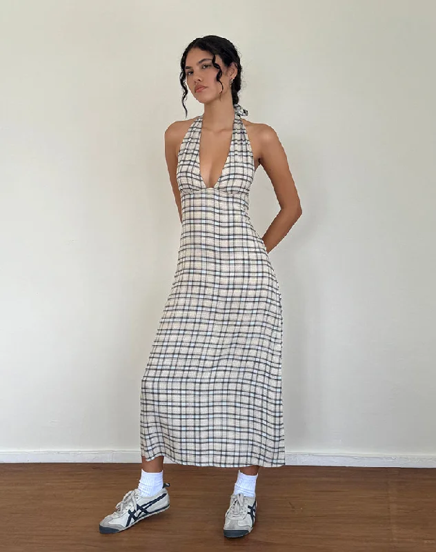 Cozy Comfort Style Sale Lenata Halterneck Midi Dress in Pastel Blue Tartan Elegant Contour