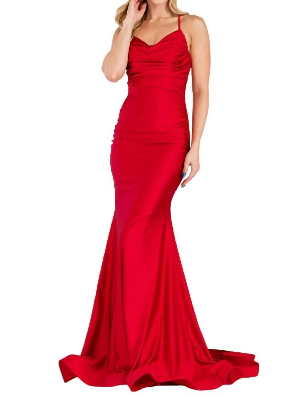 Affordable Trendy Fashion Lycra Cowl Neck Mermaid Gown In Red Chic Sophistication