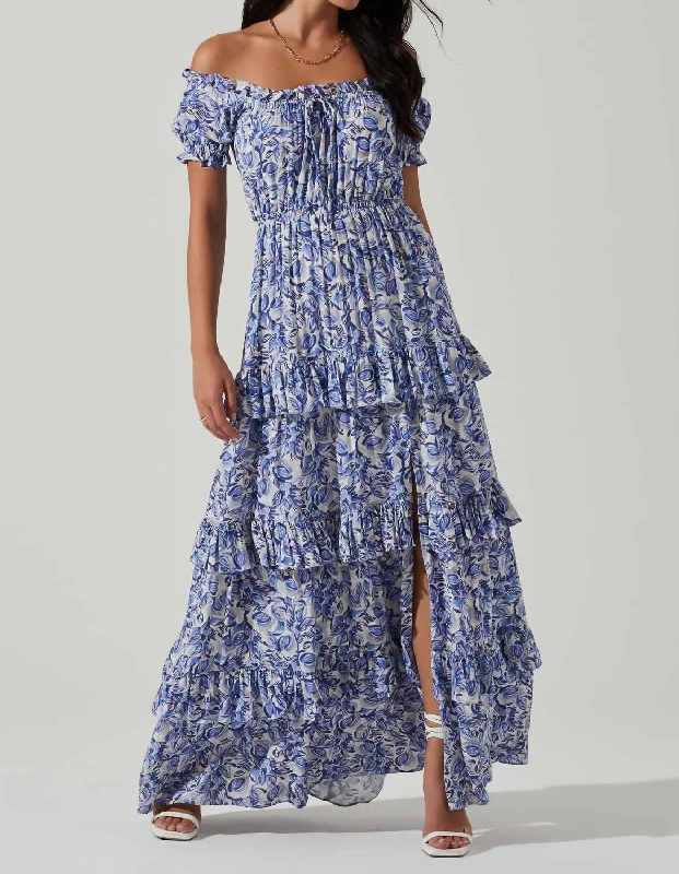 Fast Fashion Favorites Viona Floral Off Shoulder Tiered Maxi Dress In Blue White Multi Classic Timeless Elegant Style