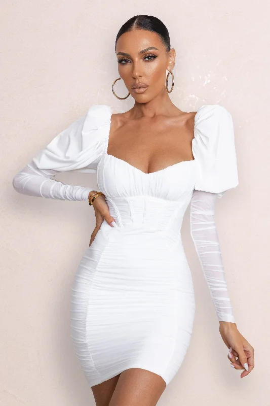 Cool Prices Reminiscent | White Puff Sleeved Ruched Mini Dress Luxe Layering