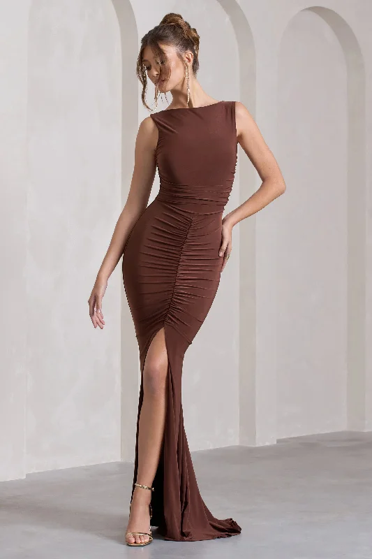 Budget Saver My Presence | Chocolate Brown Low-Back Fishtail Split Maxi Dress Romantic Flair