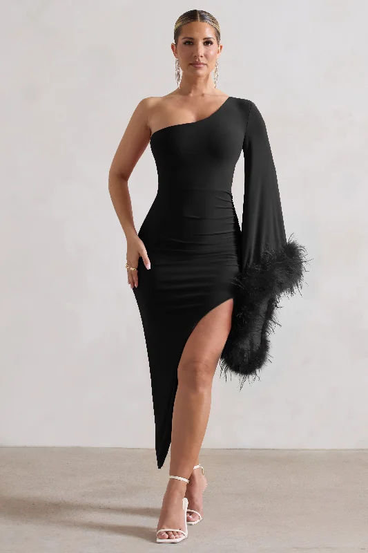 Top Deals July | Black Asymmetric One Shoulder Cape Midi Dress With Feathers Sleek Design