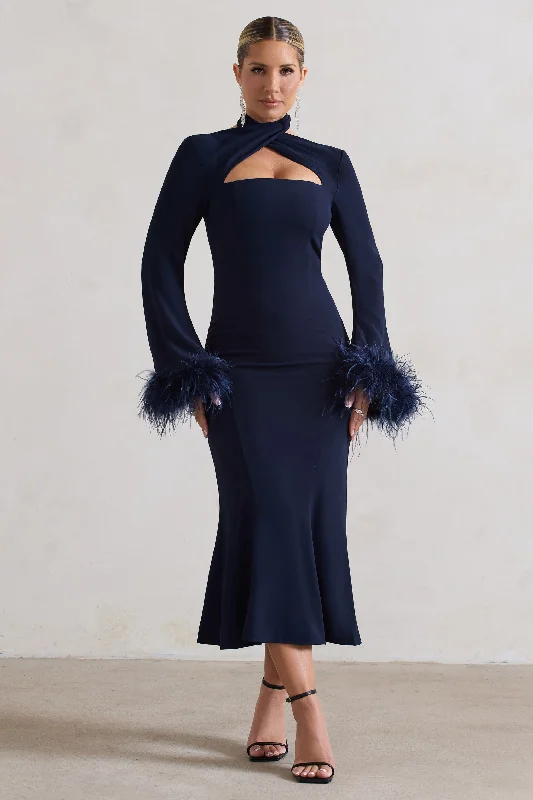 Sporty Fashion Offers Monroe | Navy Cross Halter-Neck Midi Dress With Feather Cuffs Urban Sophistication