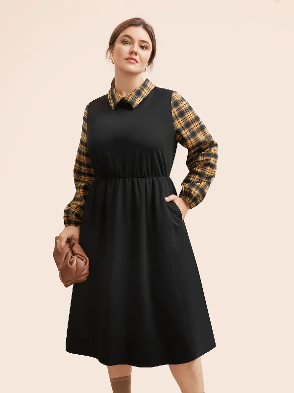 Seasonal Picks Plaid Patchwork Elastic Waist Midi Dress Vintage Look