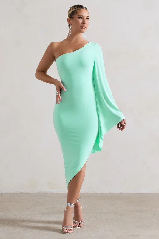 Chic And Trendy My Level | Mint Asymmetric One Shoulder Cape Sleeve Midi Dress Flowing Silhouette