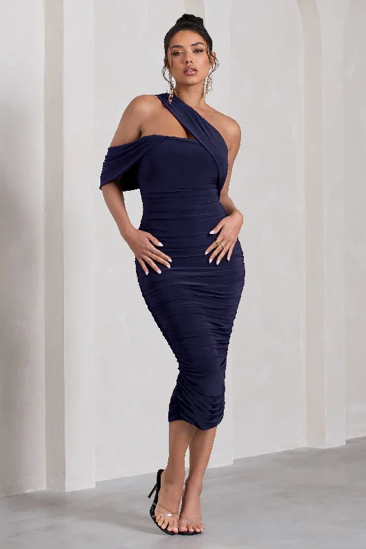 Summer Deals Cici | Navy Asymmetric One Shoulder Ruched Midi Dress Effortless Sophistication