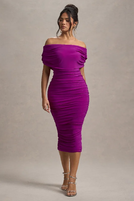 Limited Styles Rayleigh | Dark Pink Bardot Ruched Midi Dress Effortless Sophistication