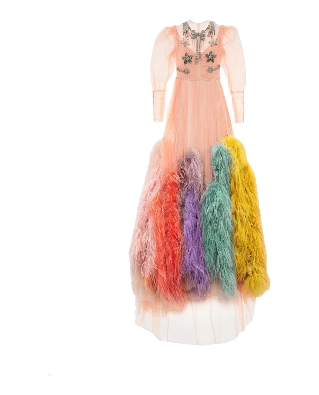 Unleash Your Trend Driven Style Embroidered Tulle Gown With Feathers Flowing Silhouette