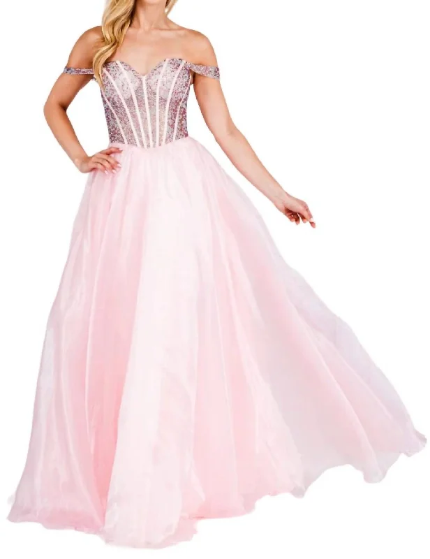 Best Sellers Beaded Off Shoulder Organza Gown In Pink Alluring Design