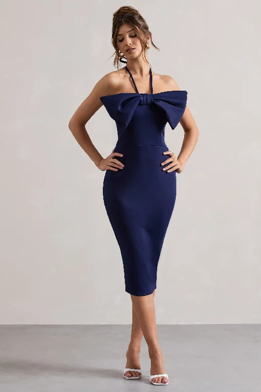 Fashion Essentials Carly | Navy Halter-Neck Midi Dress With Bow Today Only