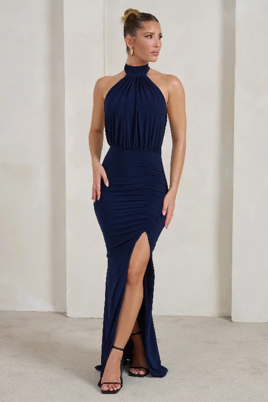 New Styles Just In Forever Dreaming | Navy Backless Halterneck Ruched Split Maxi Dress Casual Chic