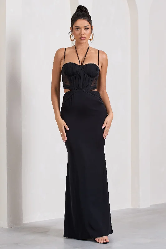 Holiday Attire Sale Stardom | Black Chiffon Strappy Sweetheart Cut-Out Maxi Dress Feminine Soft - Hued Look