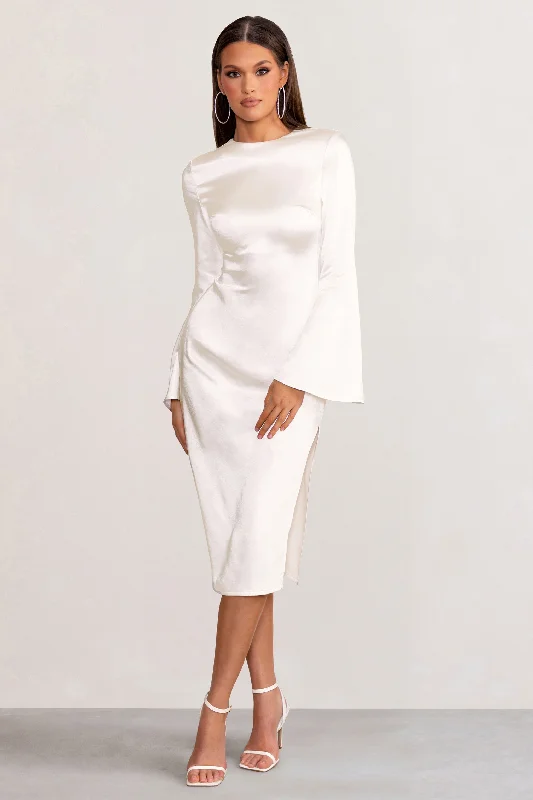 Chic Style Discounts Zaina | White Long Sleeve Midi Dress with High Neckline Feminine Elegant