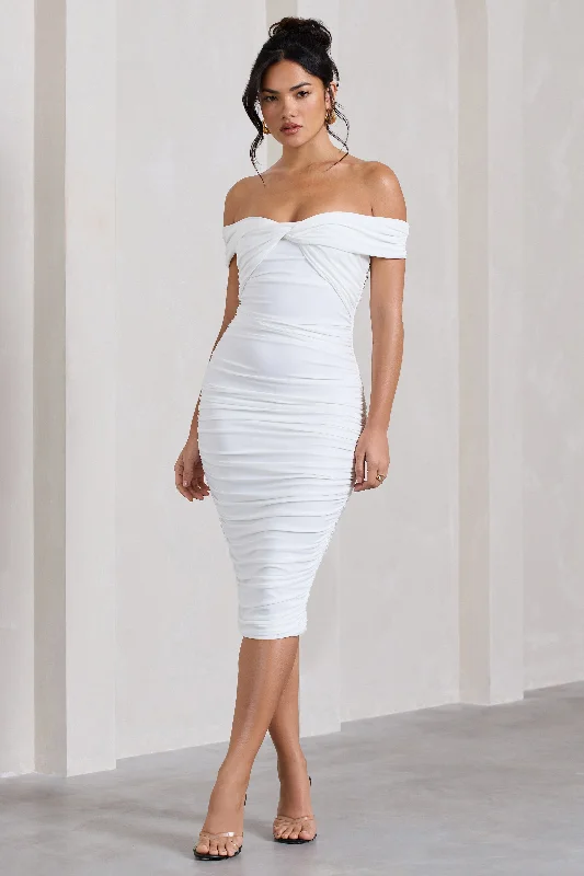 Get The Latest Trends Gratitude | White Off The Shoulder Ruched Midi Dress Artful Design