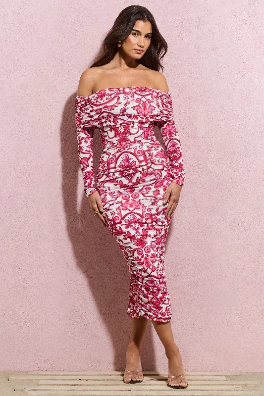 Forward Trendsetter Over Love | Pink Porcelain Print Bardot Midi Dress Bohemian Vibe