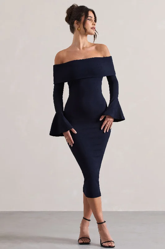 Quick Grab Deals Emma | Navy Bardot Flared-Sleeve Midi Dress Limited - Stock