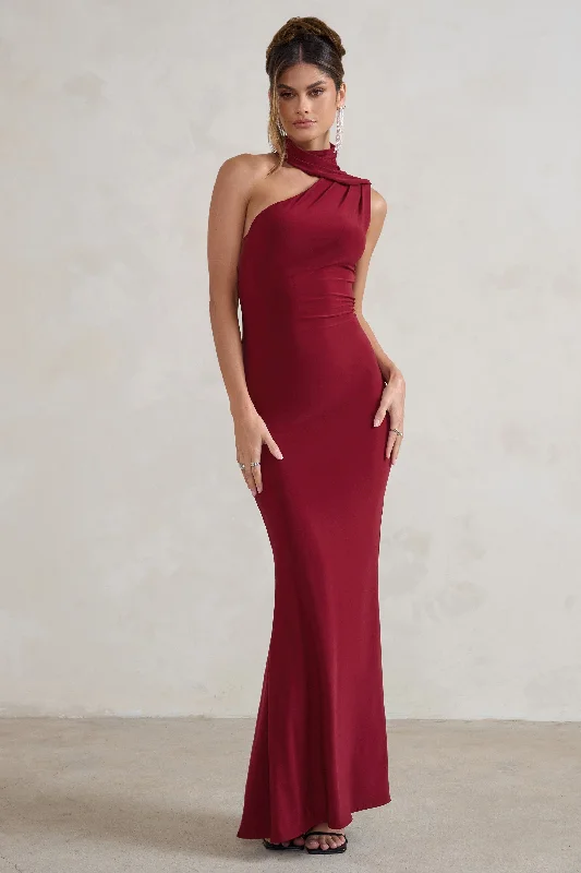 Seasonal Picks Capucine | Berry Red One Shoulder Draped Maxi Dress Limited - Edition Drops