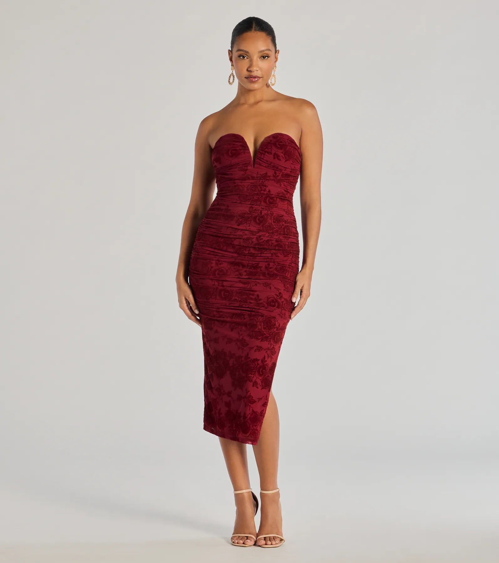 Special Offers Destiny Strapless Velvet Mesh Midi Dress Bold Silhouette