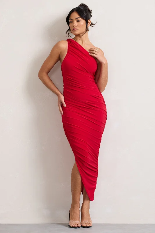 Stylish Looks Dorit | Red One Shoulder Asymmetric Ruched Midi Dress Coastal Beach - Inspired Style