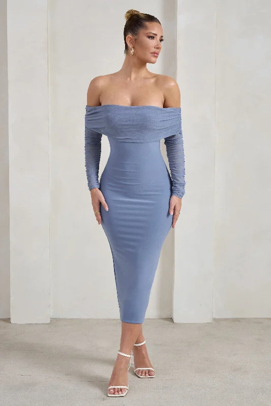 Stylish Deals Only You | Ice Blue Ruched Mesh Bardot Midi Dress Seasonal Trend