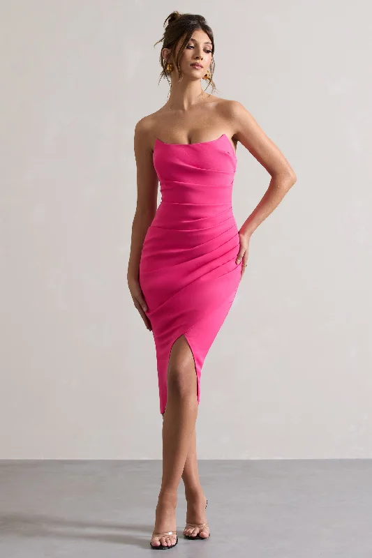 Trendy Looks On Sale Soulmate | Hot Pink Bandeau Midi dress Flowing Silhouette