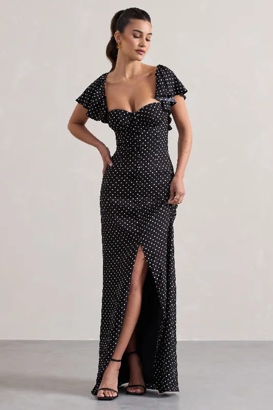 Chic Style Discounts Signorina | Black Polka Dot Buttoned Maxi Dress With Flounced Short Sleeves Casual Elegance