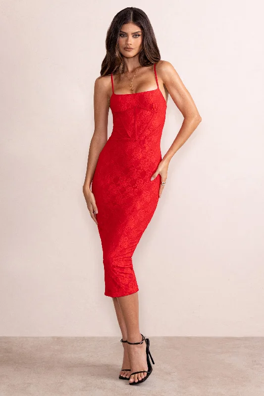 Comfort Meets Fashion Anele | Red Lace Overlay Corset Midi Dress Refined Simplicity