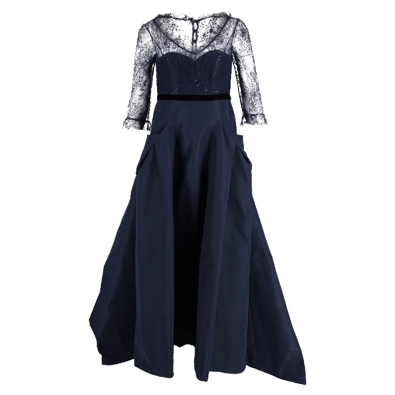 Seasonal Fashion Carolina Herrera Lace Sleeve Ballgown in Navy Blue Silk Alluring Design