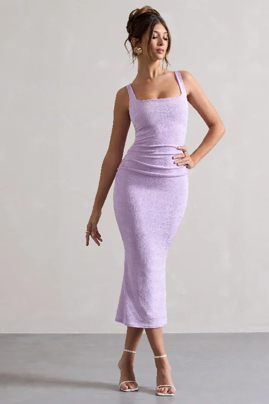 New In This Season Evora | Lilac Ruched Square-Neck Midi Dress Nordic Minimalist Home Look