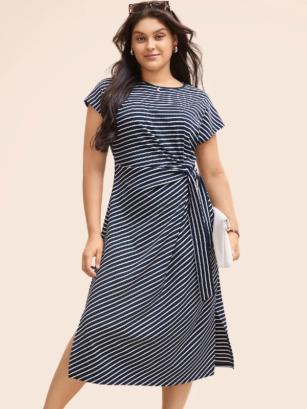 Massive Savings Striped Split Side Cap Sleeve Midi Dress Feminine Allure