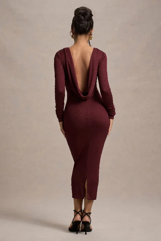 Top Brand Discounts Madden | Plum Rib Knit Cowl-Back Midi Dress Elegant Attire