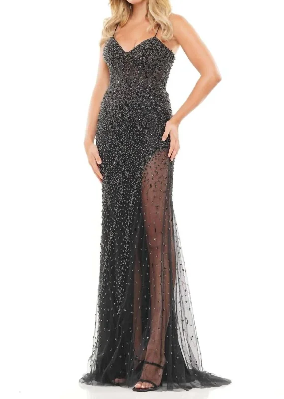 Fast Fashion Favorites Embellished Sheer Overlay Evening Gown In Black Urban Sophistication