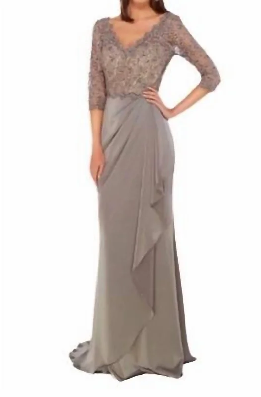 Classic Modern Offers Lace Long Sleeve Gown In Charcoal Lightweight Fabric