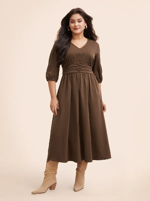 Special Offer For You V Neck Shirred Ruched Midi Dress Flowy Fabric