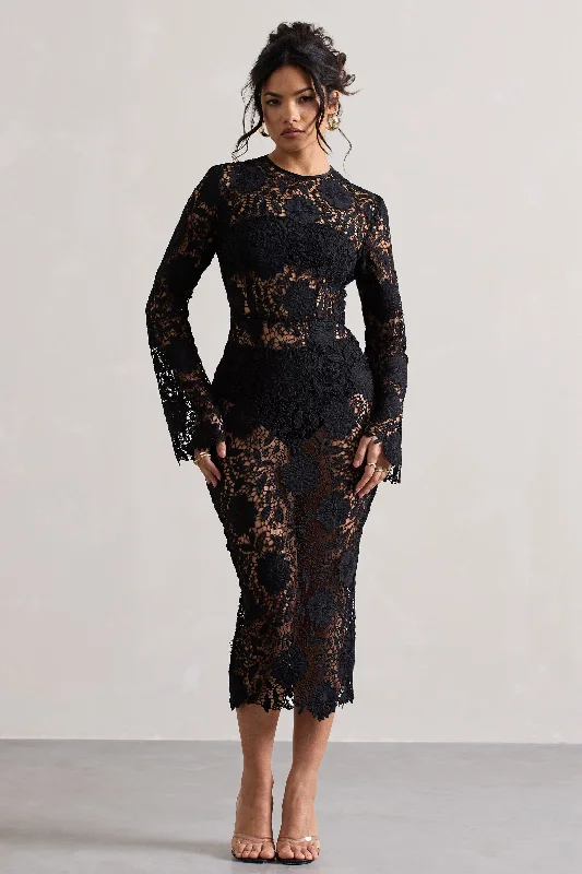 High-End Style Discounts Scandal | Black Lace Long-Sleeved Midi Dress Effortless Comfort