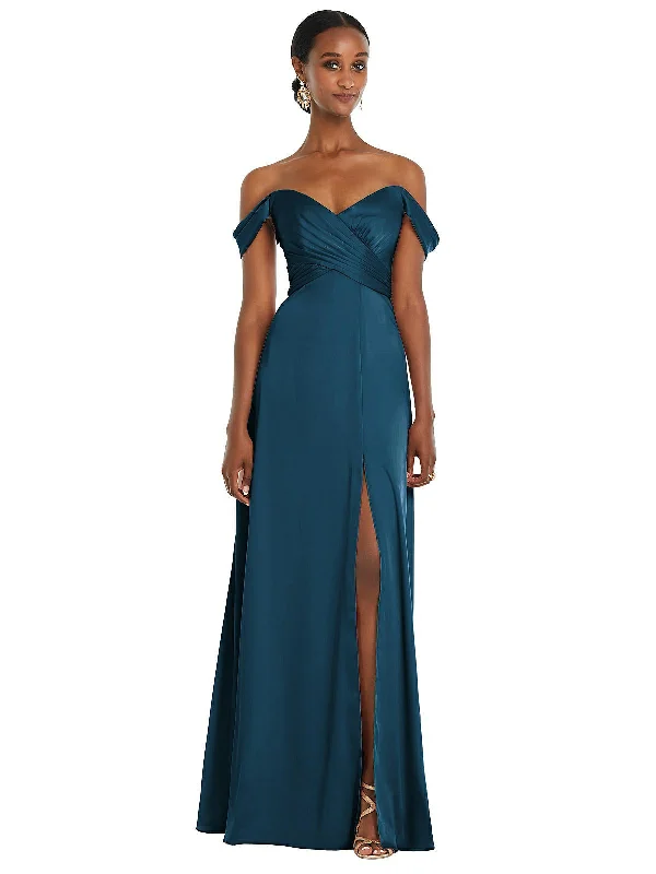 Edgy Fashion Deals Off-the-Shoulder Flounce Sleeve Empire Waist Gown with Front Slit Feminine Elegant