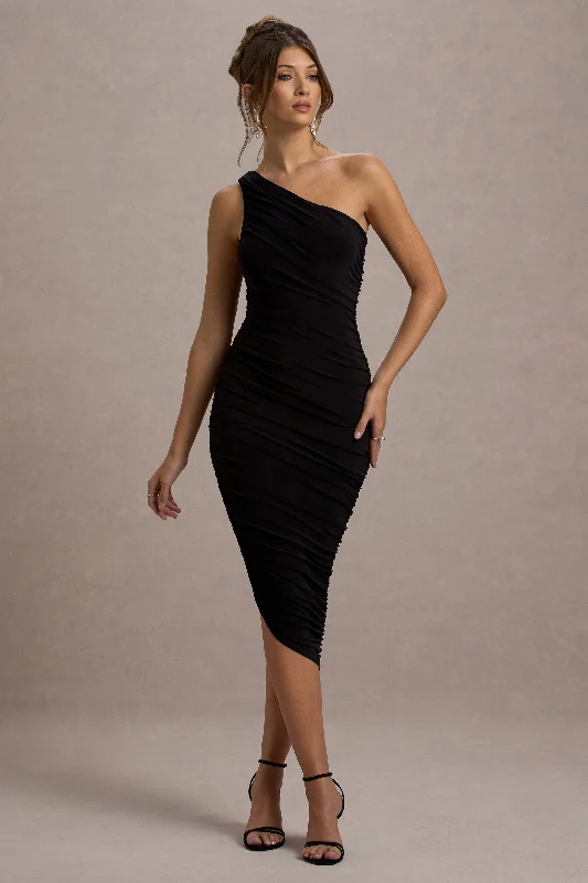 New Arrivals Dorit | Black One Shoulder Asymmetric Ruched Midi Dress Minimalist Chic