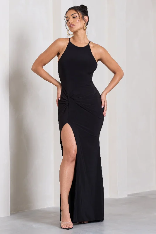 Massive Selection Sale Stellar | Black Halter-Neck Twisted Split Maxi Dress Fashion-Forward Style