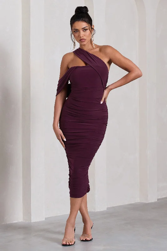 Seasonal Picks Cici | Plum Asymmetric One Shoulder Ruched Midi Dress Vintage Retro Party Wear