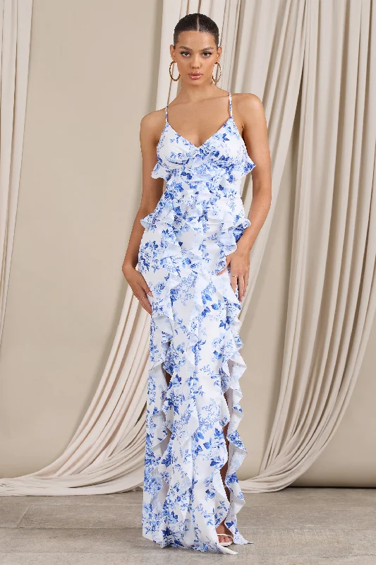 Sophisticated Style Offers Syrah | Blue Floral Ruffled Strappy Maxi Dress Luxury Style