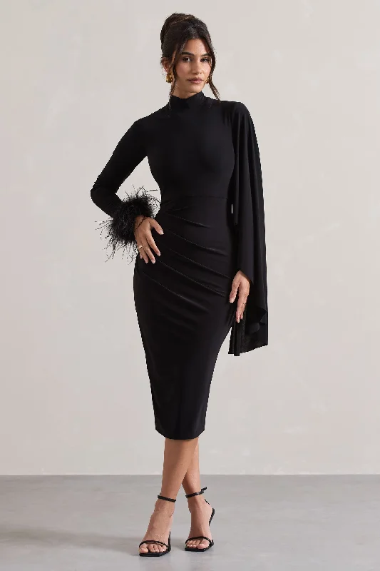 Exclusive Discounts Tamika | Black High-Neck Cape-Sleeve Midi Dress With Feathers Elegant Ensemble