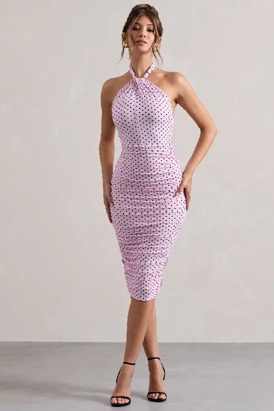 Casual Chic Deals Serendipity | Pink Polka Dot Halter Neck Ruched Midi Dress Feminine Allure