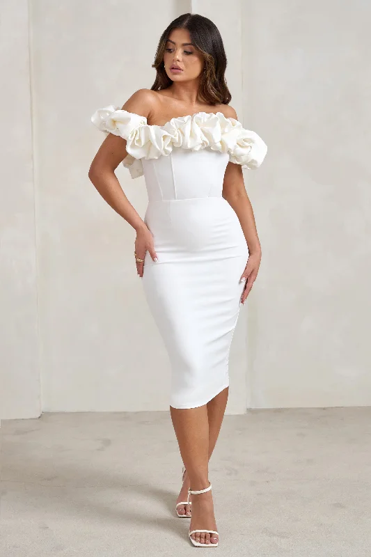 Best Deals Of The Season Estie | White Structured Statement Bardot Midi Dress Polished Finish