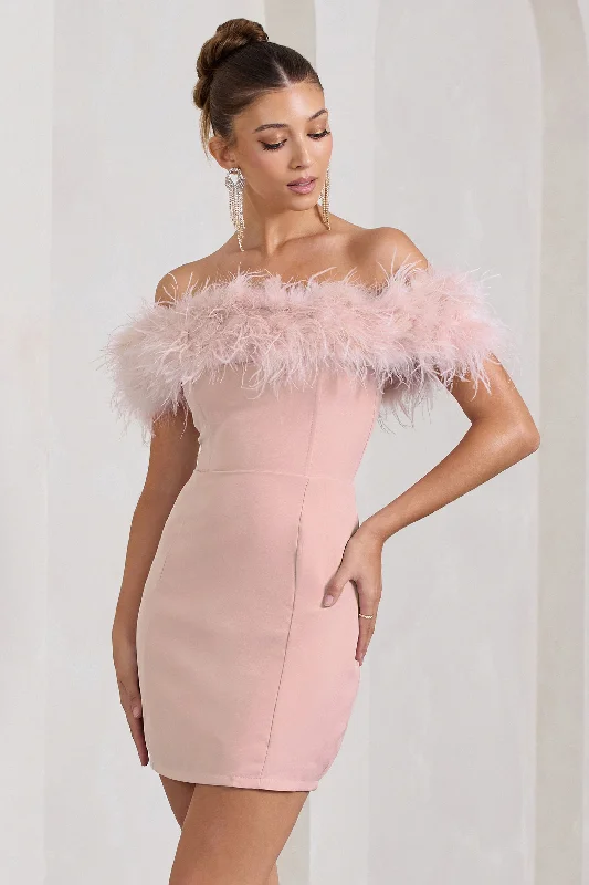 Modish Fashion Discounts Pure Delight | Pink Bardot Feather Mini Dress Casual Chic