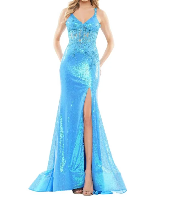 Limited Edition Mermaid High Slit Gown In Turq Elevated Style