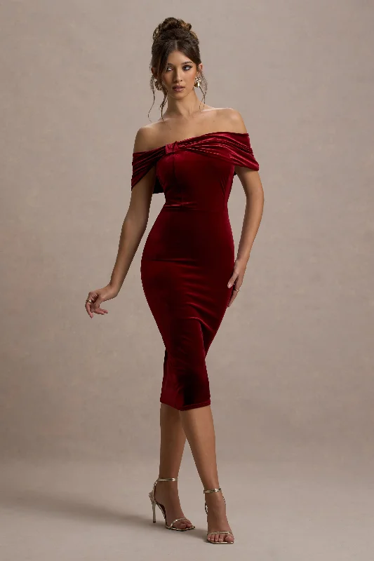 End Of Season Sale Snowflake | Berry Velvet Bardot Bow Detail Midi Dress Elegant Contour