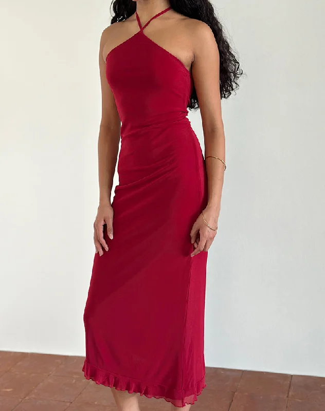 Romantic Chic Deals Ribka Halterneck Midi Dress in Mesh Cherry Effortless Sophistication