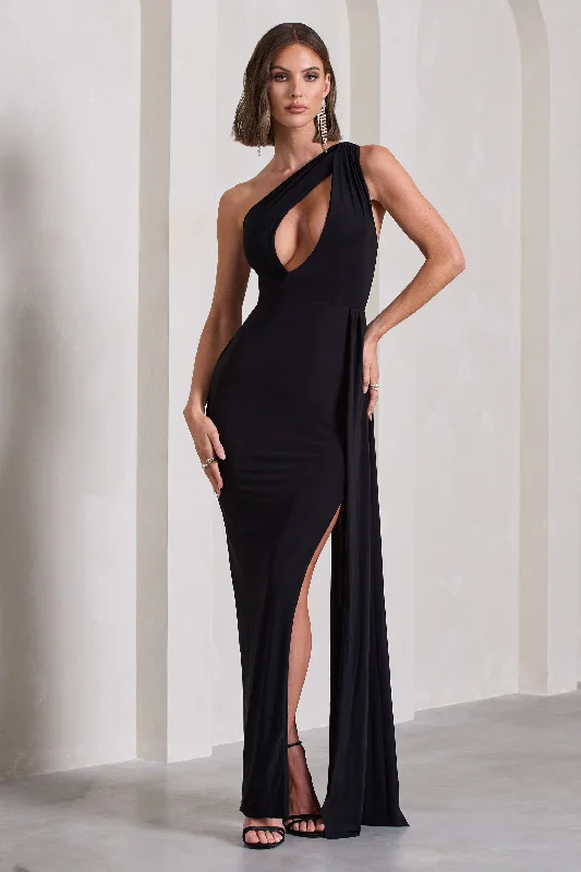 Durable Fashion Picks Lavish | Black One Shoulder Drape Maxi Dress Art Deco Geometric Pattern Look