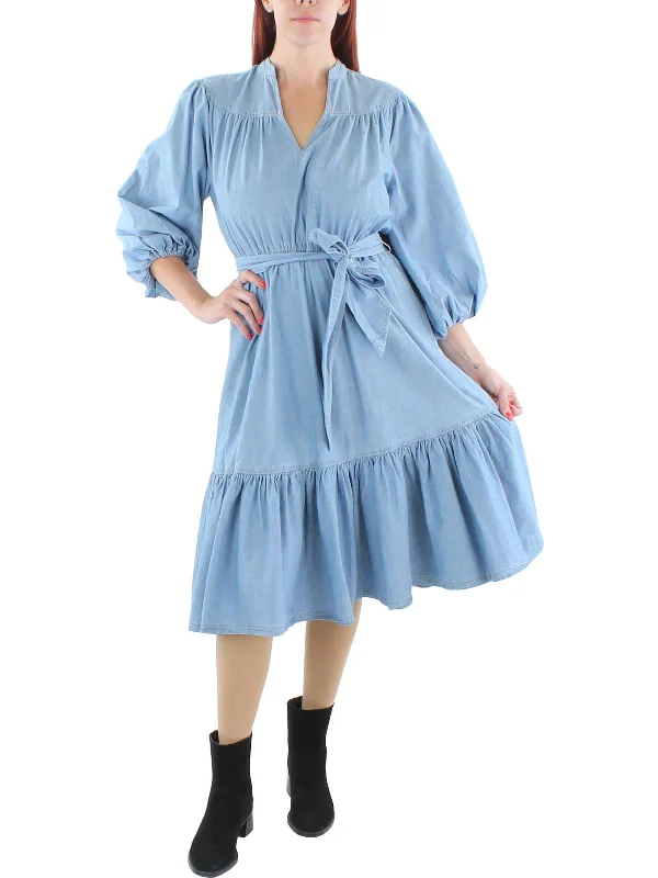 Spring Offer Womens Chambray Ruffled Midi Dress Timeless Elegant