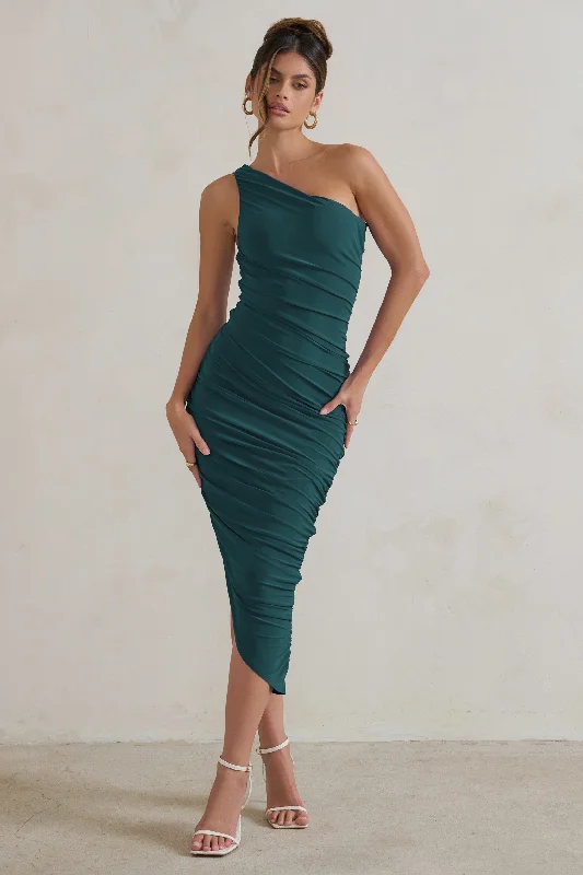 Limited Edition Dorit | Bottle Green One Shoulder Asymmetric Ruched Midi Dress Soft Textures